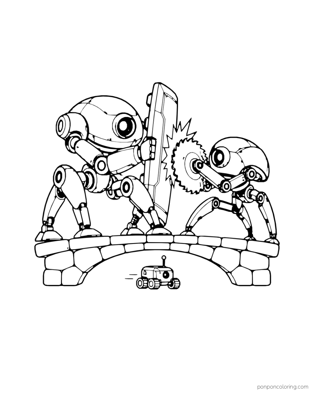 Spider-legged mech blocks a rogue saw walker above a bridge as rover escapes.
