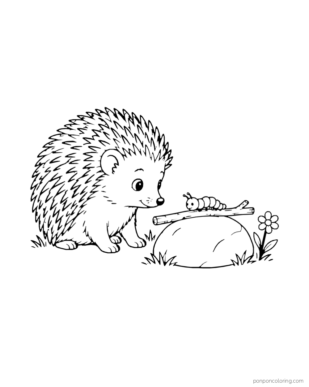 A low hedgehog faces a caterpillar on a short twig above a rounded stone.