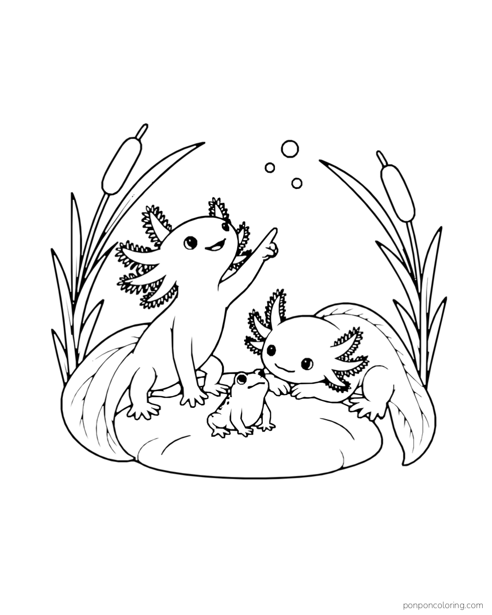 Two axolotls beside a little frog on a low stone between two small reed bunches.