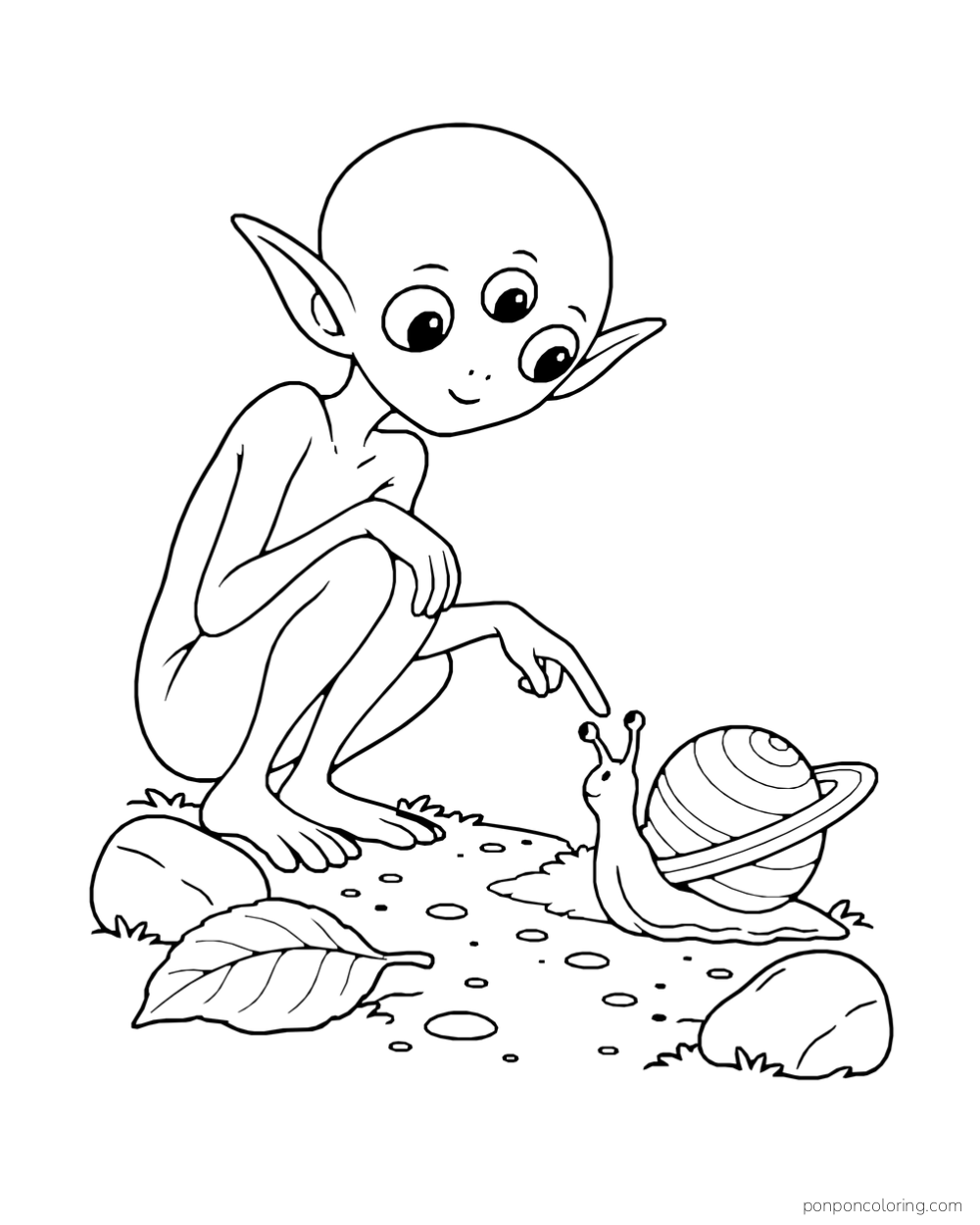A three-eyed alien crouches beside a snail with a ringed shell.