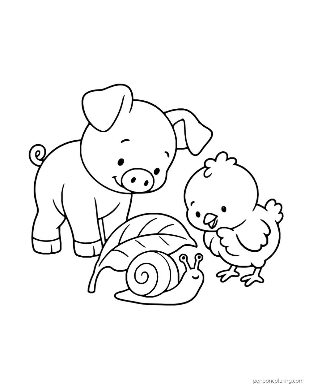 A pig and chick look at a snail beneath a large leaf.