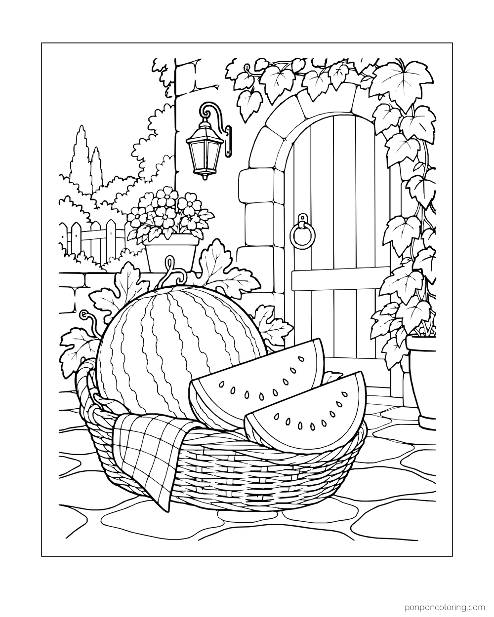 A basket with a whole watermelon and two wedges beside an arched garden door.