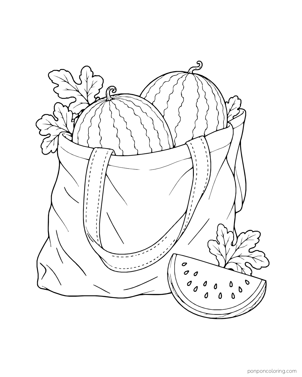 Two striped watermelons in a cloth market tote with leaves and a wedge beside it.