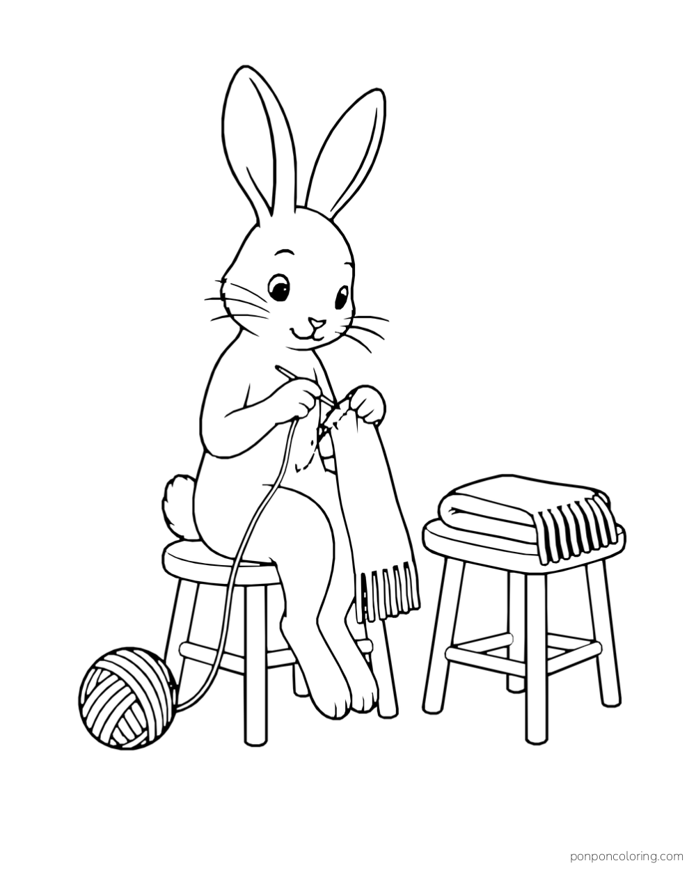 A rabbit sits on a stool sewing a scarf, with a yarn ball and folded fabric nearby.