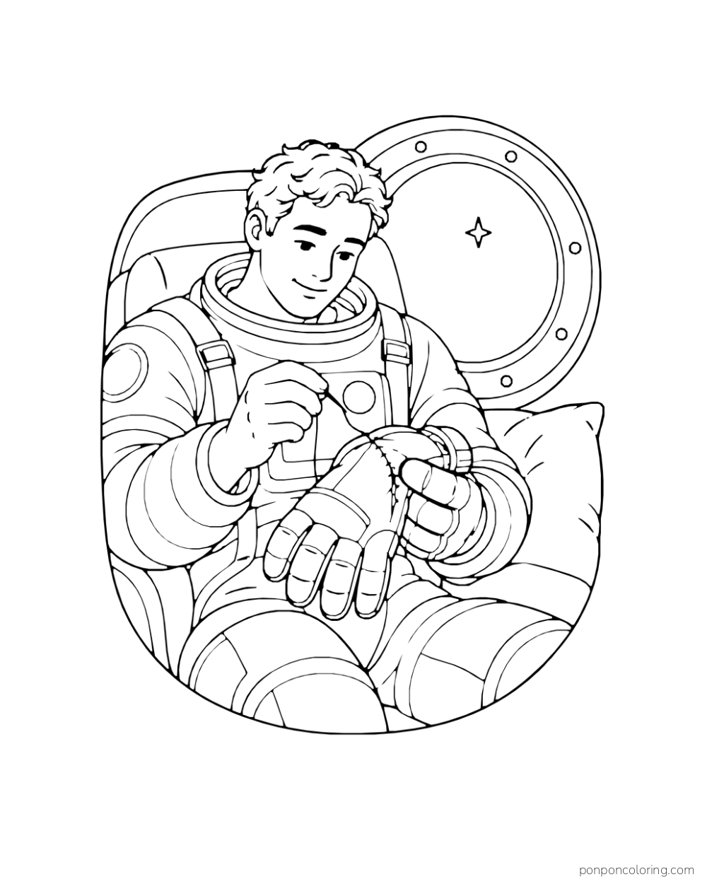 An astronaut mends a glove while sitting beside a capsule window.