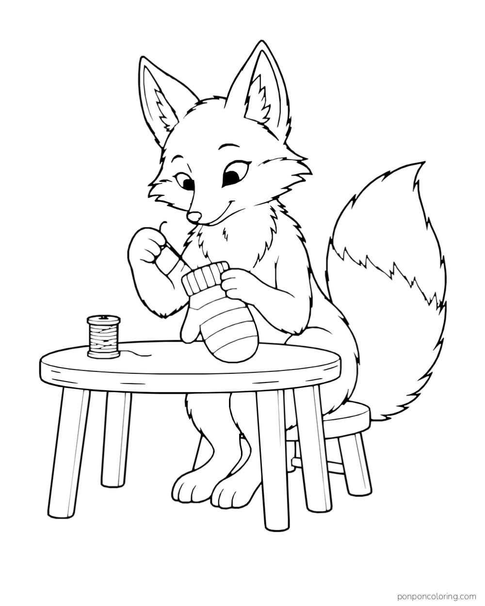 A fox mends a striped mitten at a small round table beside a spool of thread.
