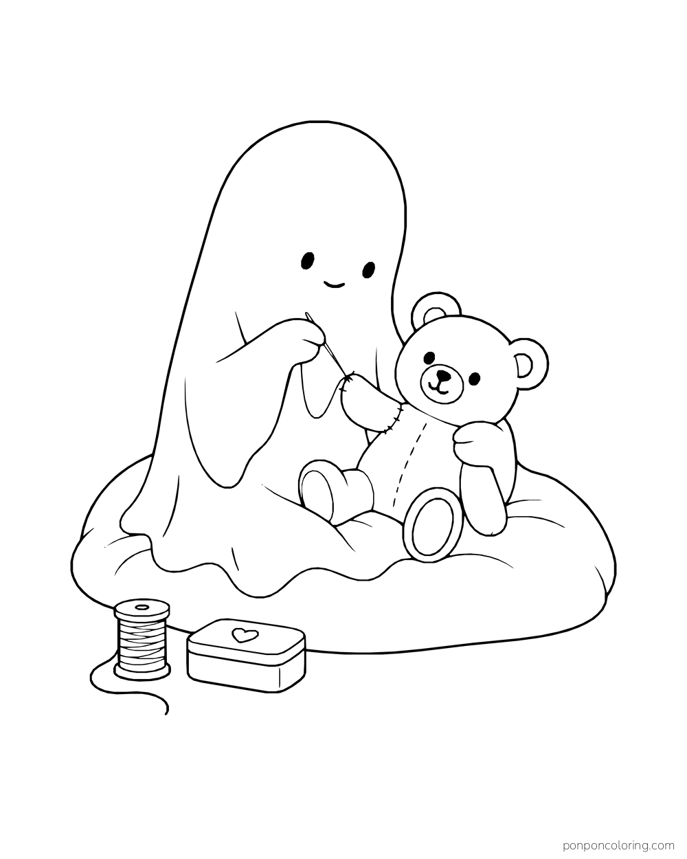 A ghost sews a teddy bear on a cushion beside a spool of thread.