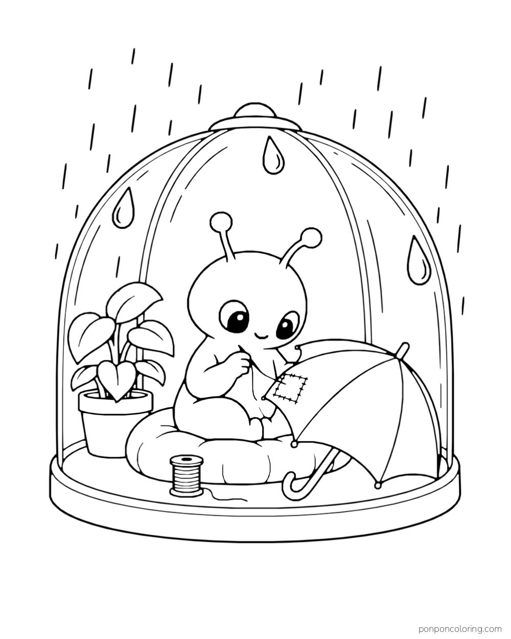 An alien repairs an umbrella inside a rain-dotted dome.