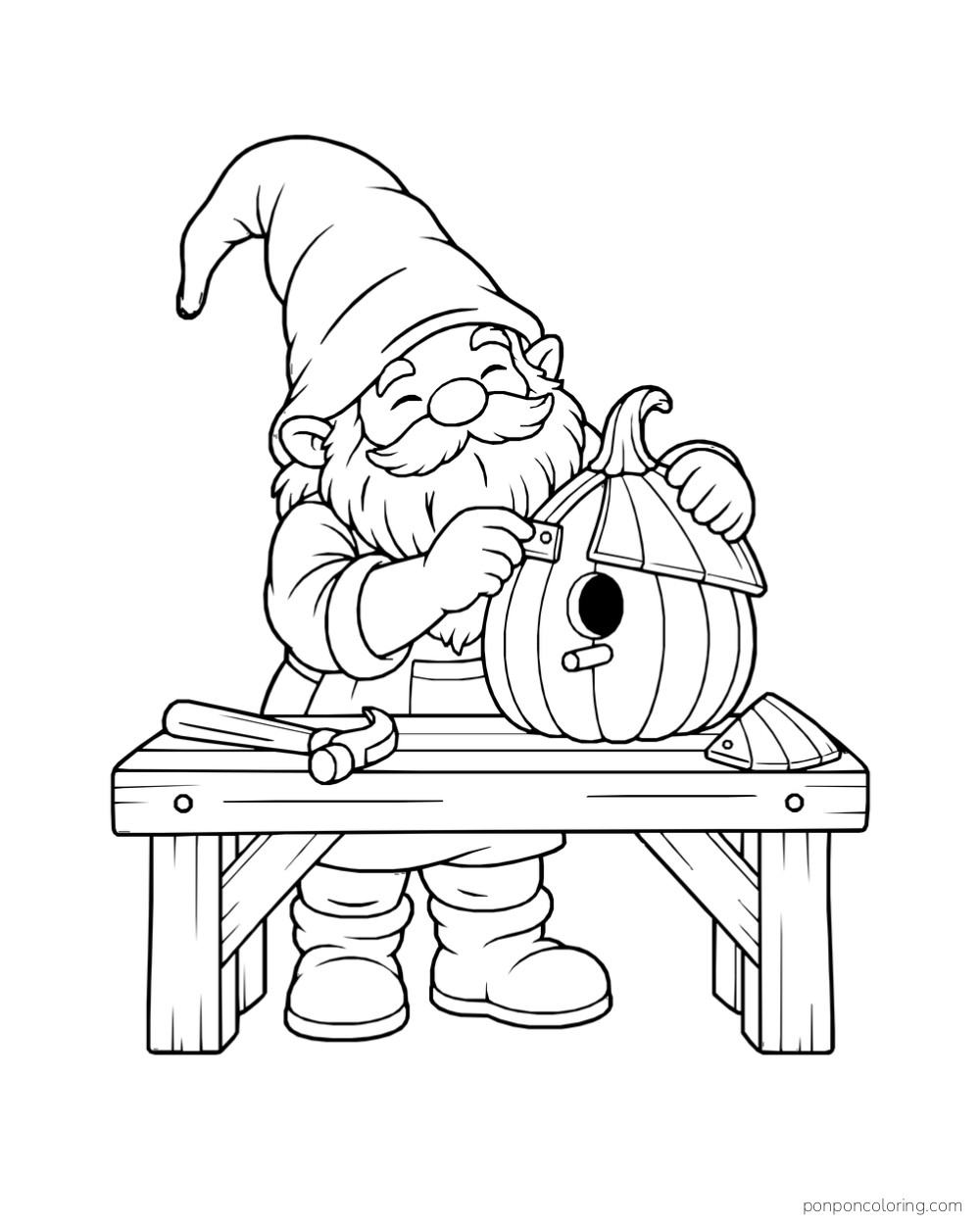 A bearded gnome works on a pumpkin-shaped birdhouse at a bench with a hammer and loose roof panel nearby.