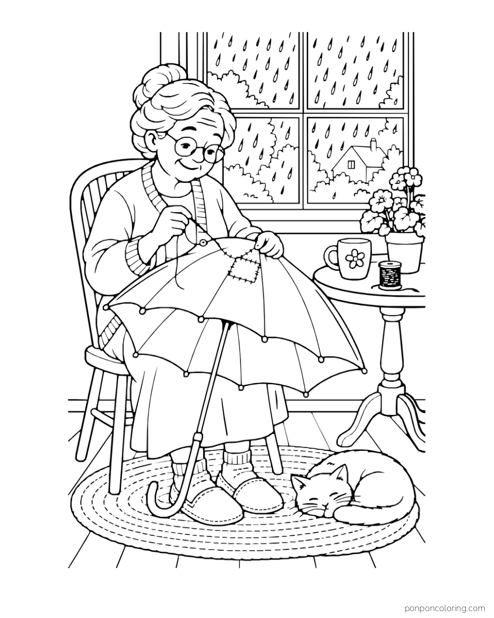 An older adult stitches an open umbrella beside a rainy window while a cat sleeps nearby.