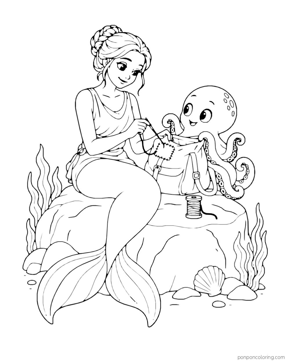 A mermaid sews a bag held by a small octopus while seated on a rock.
