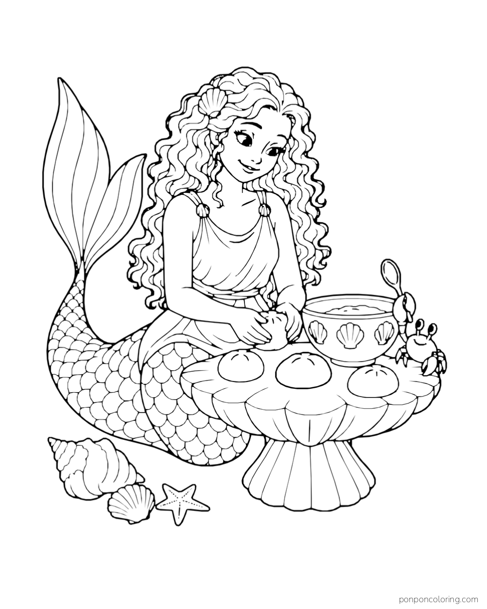 A curly-haired mermaid shapes buns at a shell table beside a mixing bowl and a crab holding a spoon.