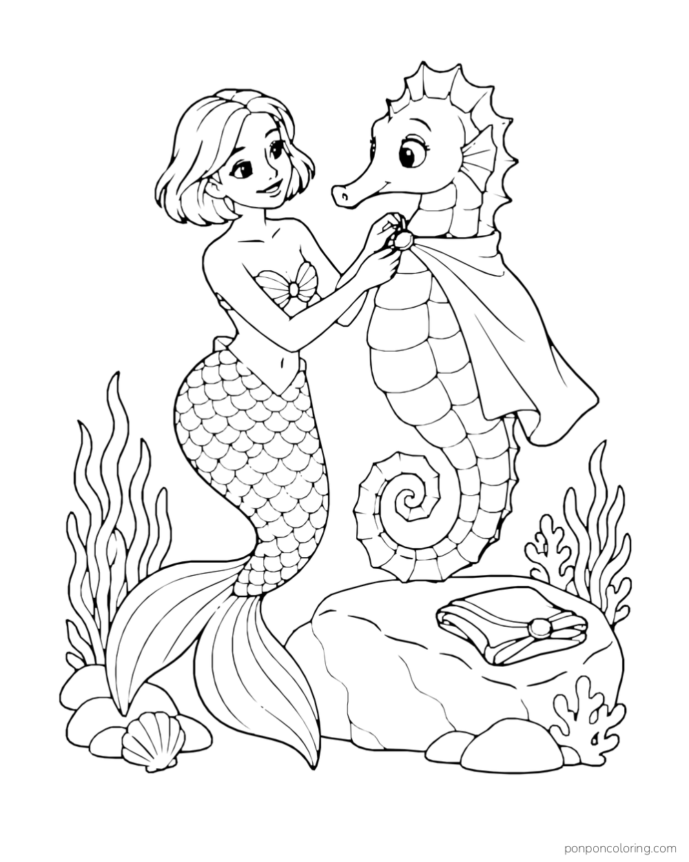 A mermaid fastens a cape around a seahorse beside a rock with folded fabric.