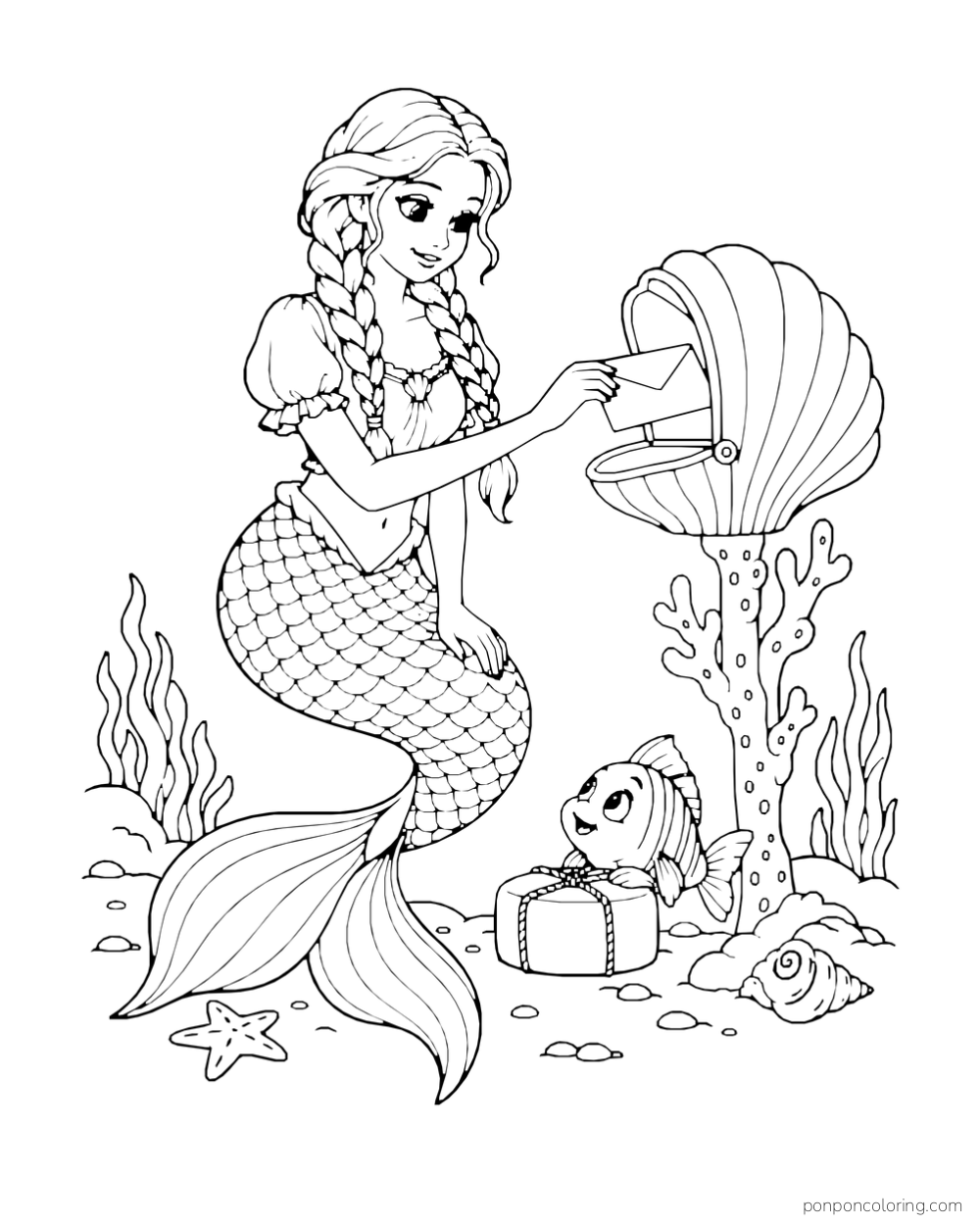A braided mermaid places an envelope in a shell mailbox while a fish waits by a parcel.