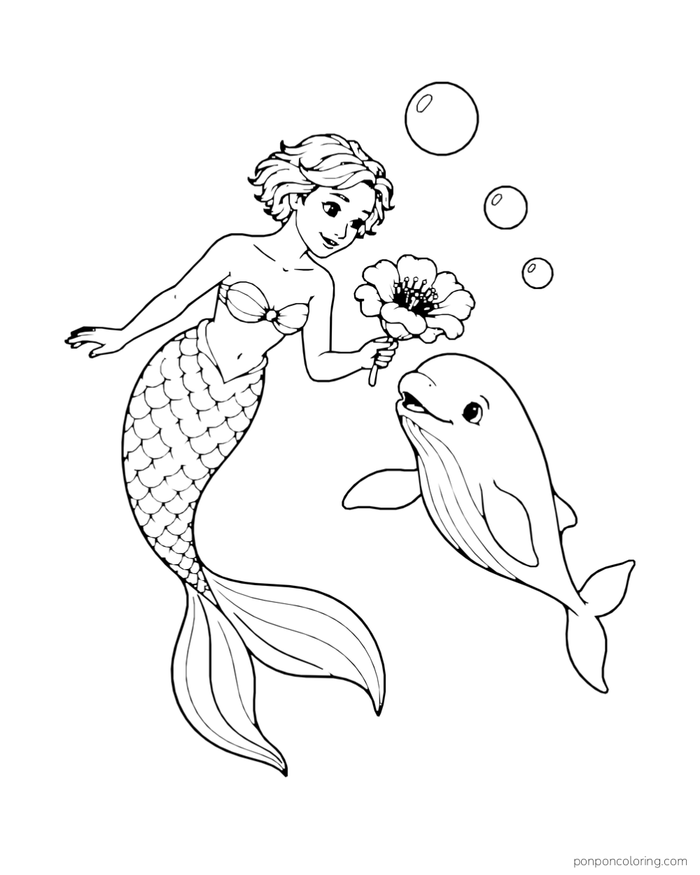 A mermaid offers a flower to a small whale with bubbles above them.