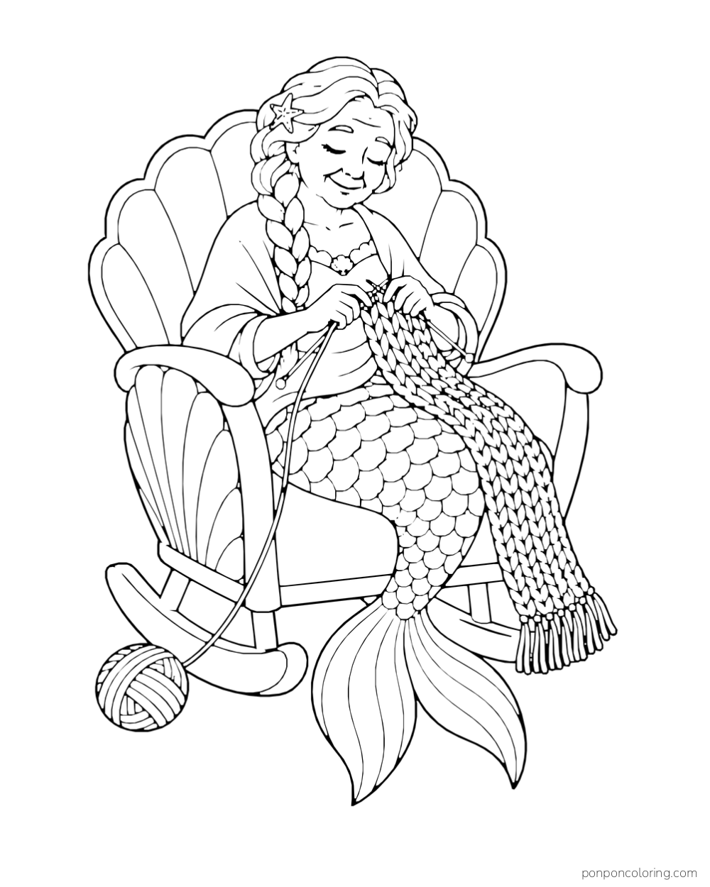 An elderly mermaid knits a scarf in a shell-shaped rocking chair beside a ball of yarn.
