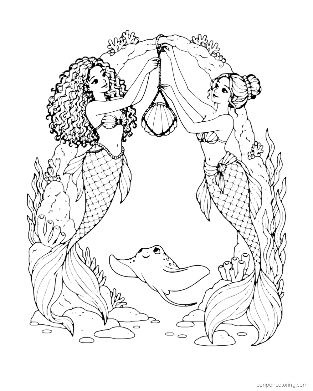 Two mermaids raise a lantern above a small ray between sea plants.