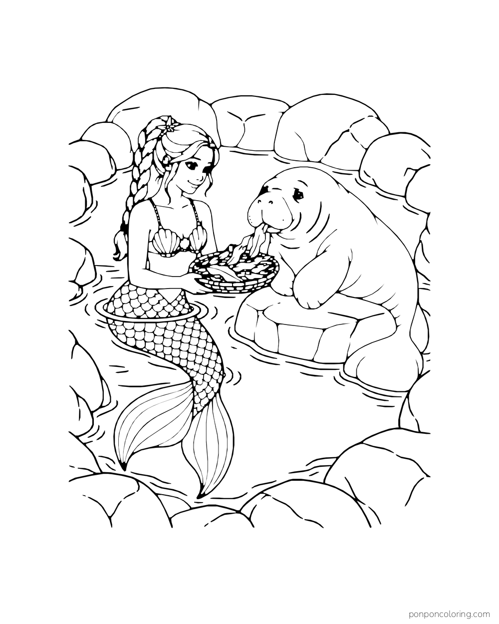 A mermaid shares a basket of leafy food with a manatee among underwater rocks.