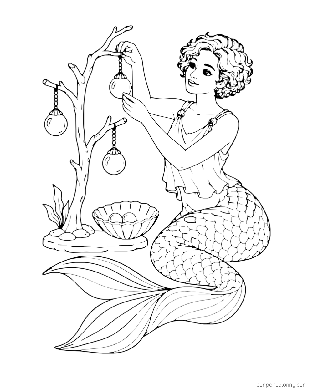 A short-haired mermaid arranges three round pendants on a branch beside a shell bowl.
