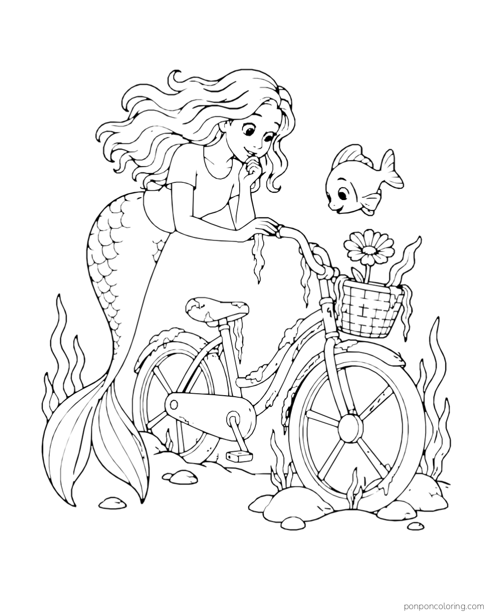 A mermaid and fish examine a bicycle with a flower in its front basket.