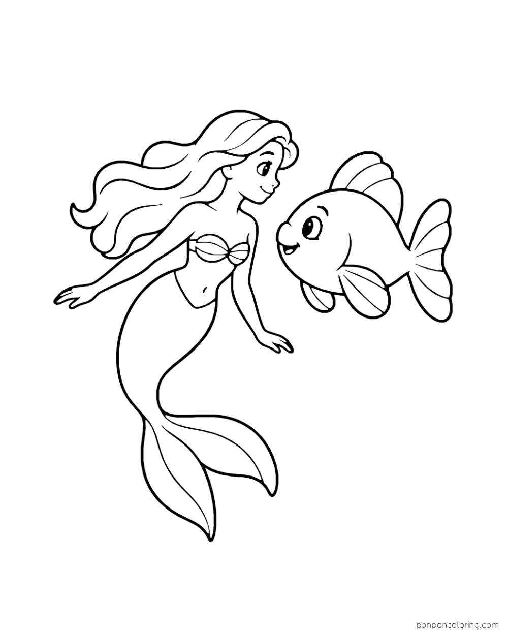A mermaid and a large fish face each other in open water.