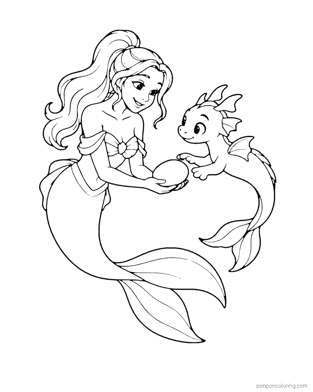 A mermaid and a small rounded water dragon face one another while holding an oval stone.