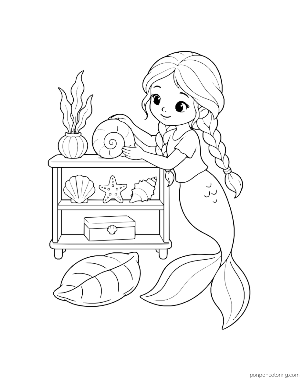 A braided mermaid placing a spiral shell on a low cabinet that holds a scallop shell, a starfish, a conch, and a small box, with a leaf-shaped cushion nearby.