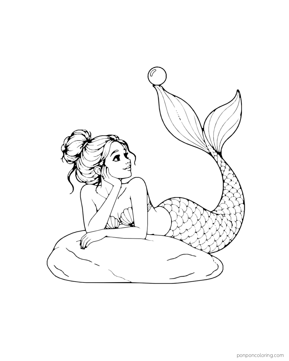 A bun-haired mermaid rests on a stone and balances a round pearl on her raised tail fin.
