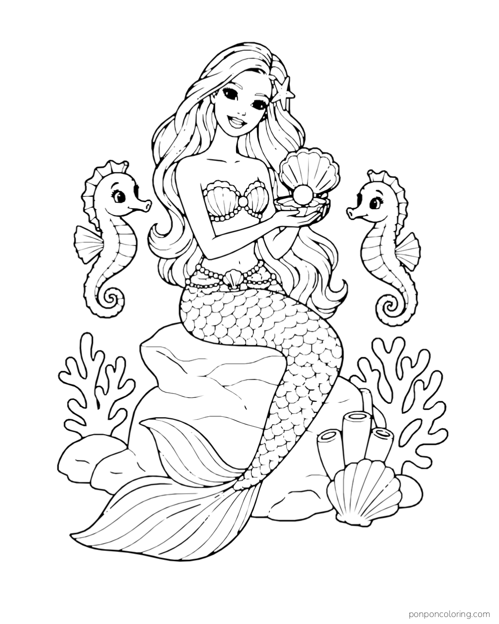 Mermaid Barbie sits on a rock holding a shell between two seahorses and coral branches.