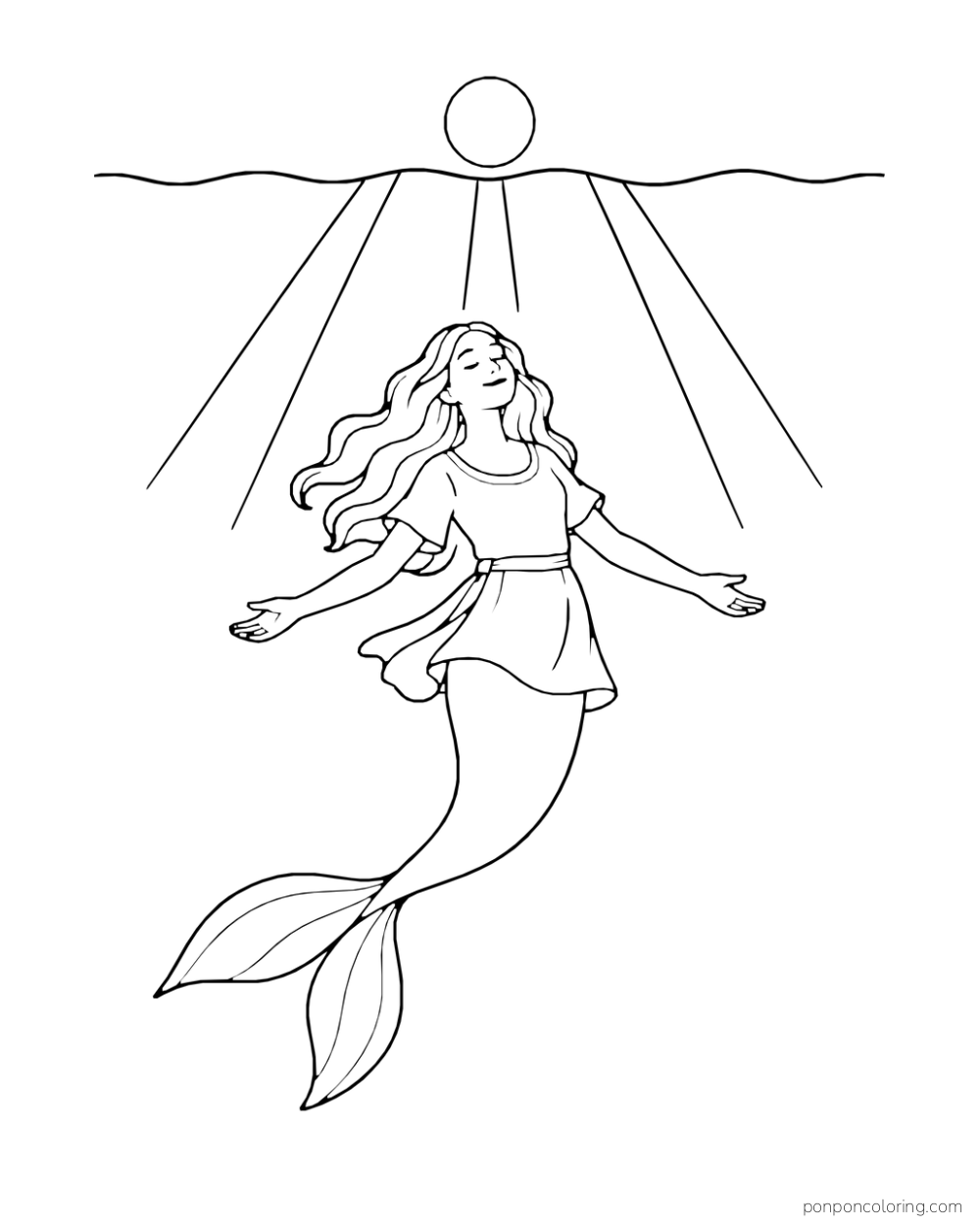 A mermaid floats below a wavy sea surface, with a sun disk and three open rays above her.