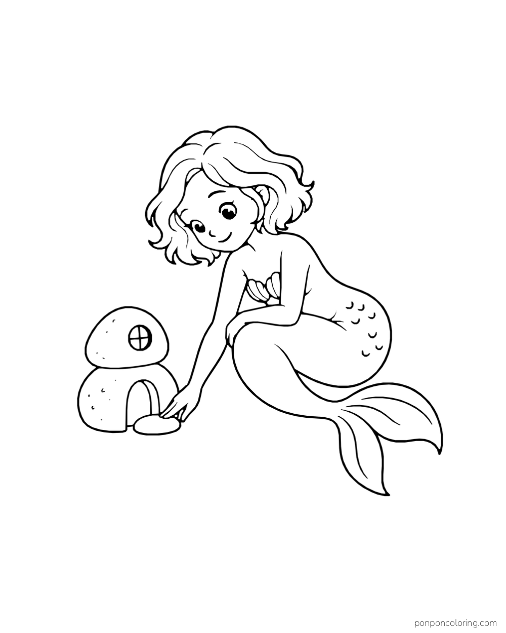A small mermaid places a pebble beside a short reef tower with a round window.