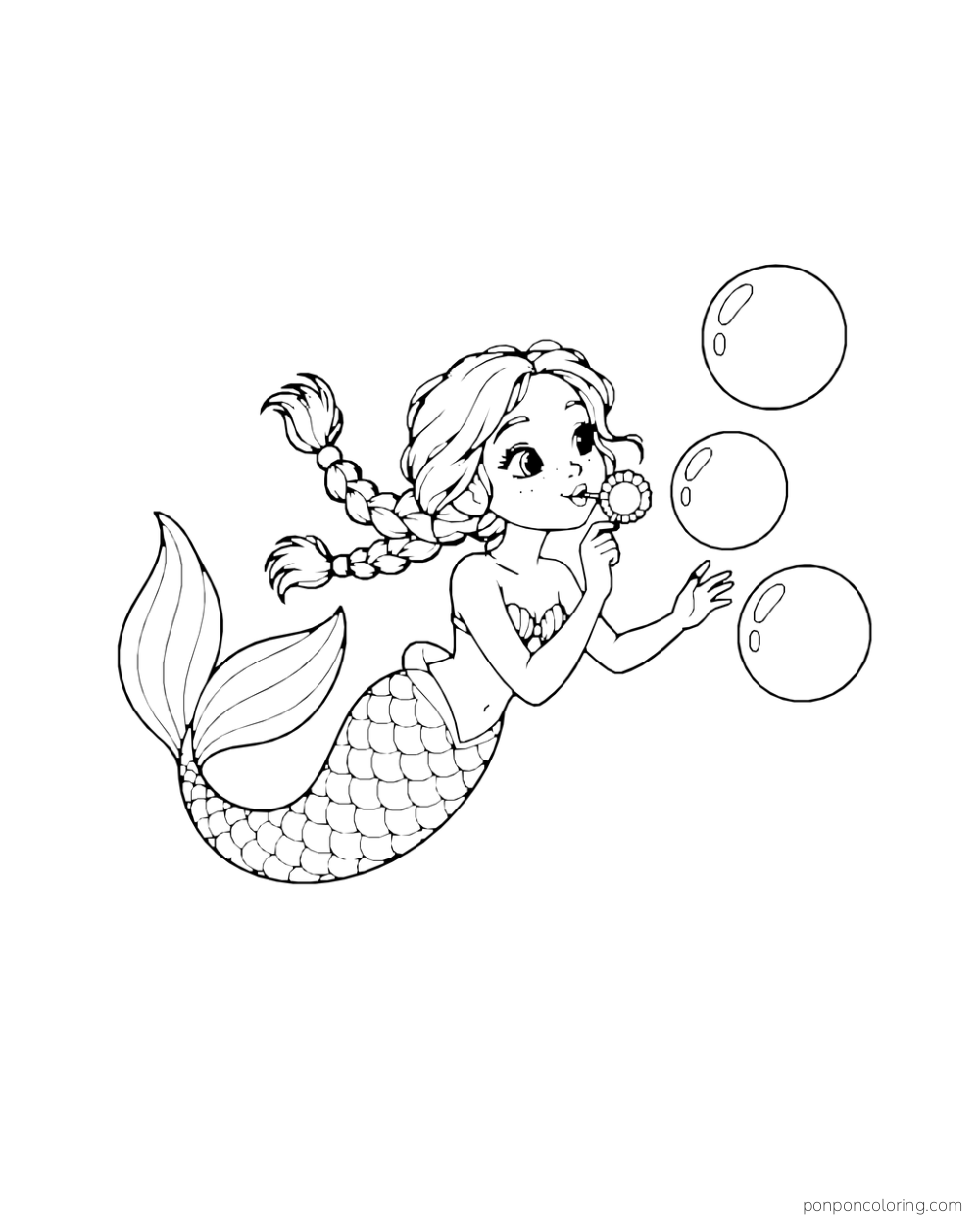 A mermaid blows three large bubbles through a round ring she holds.