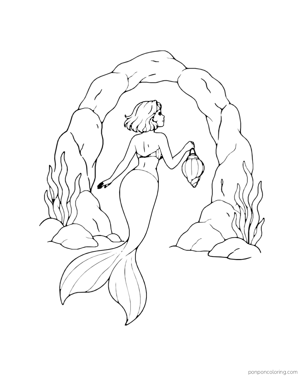A mermaid approaches a wide cave arch while holding a rounded shell lantern.