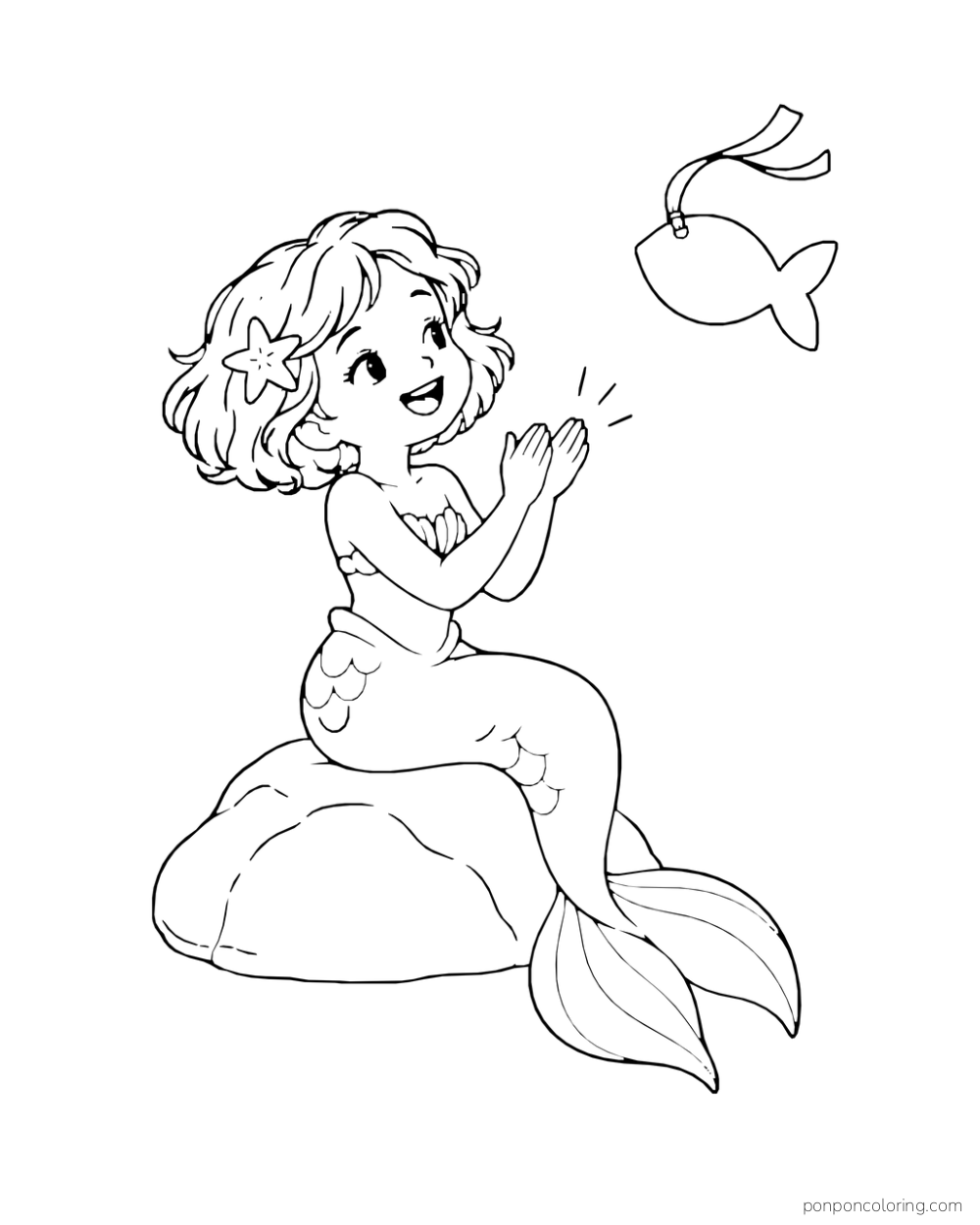 A mermaid claps toward a fish-shaped cutout floating in the water.