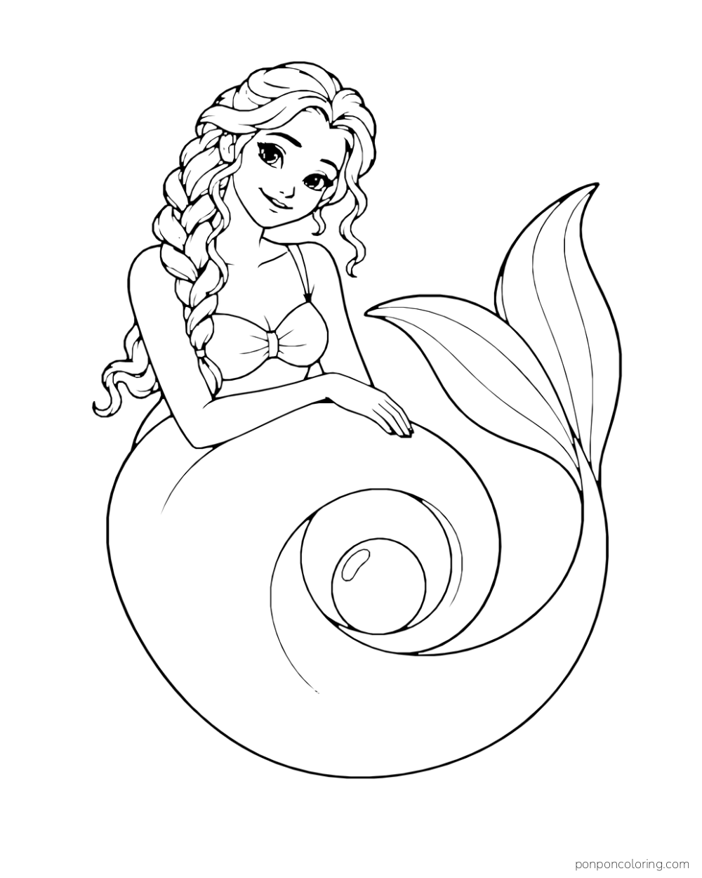 A braided mermaid curves her broad tail in a spiral around a round pearl.
