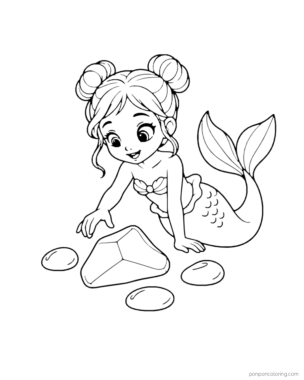 A bun-haired mermaid examines a large faceted sea-glass shape among smooth pebbles.