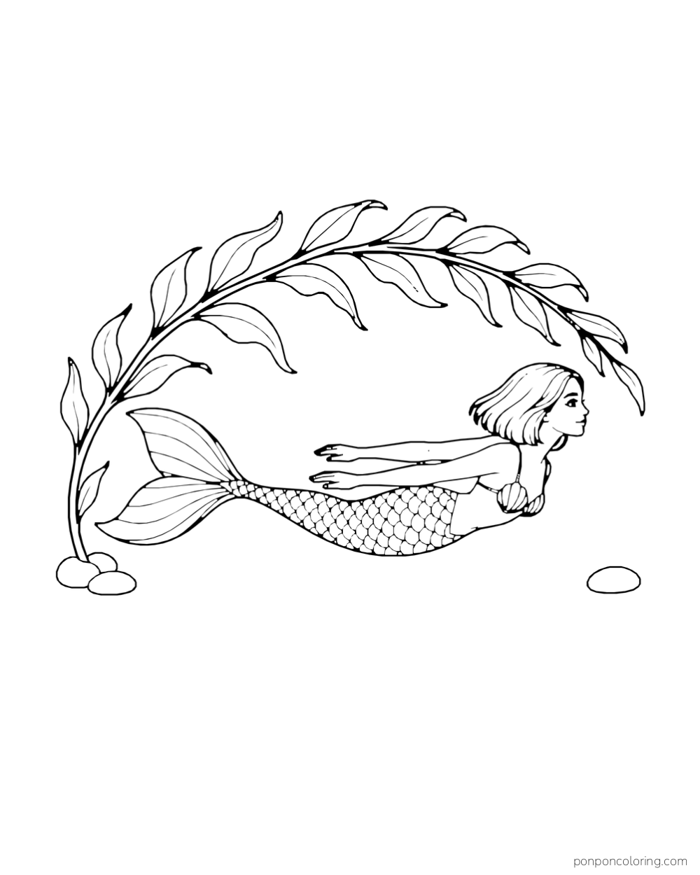 A bob-haired mermaid glides horizontally beneath one long curved kelp frond rooted among three pebbles, with another pebble nearby.