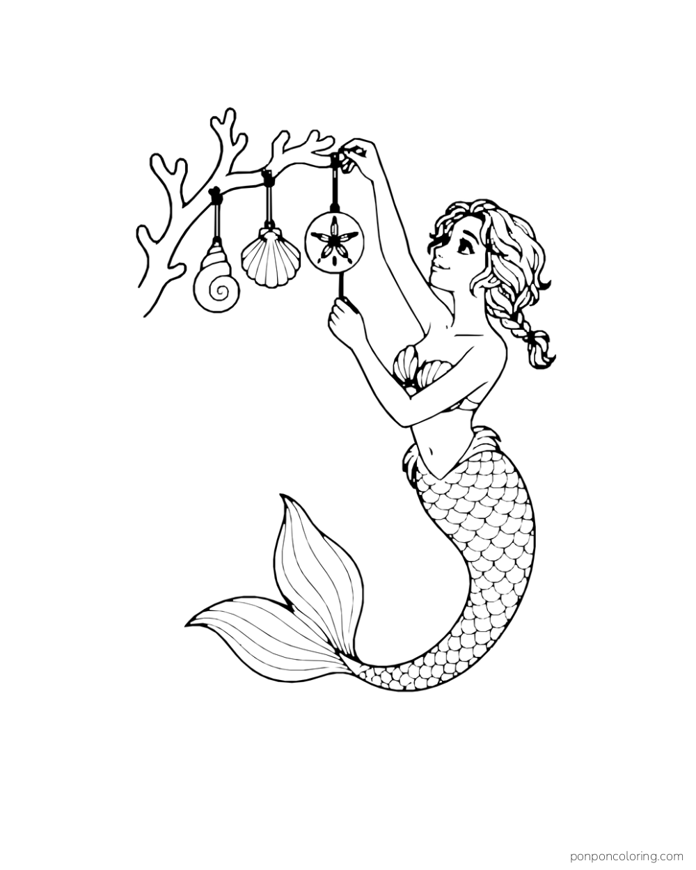 A mermaid reaches up to hang three shell pendants from a curved coral branch.