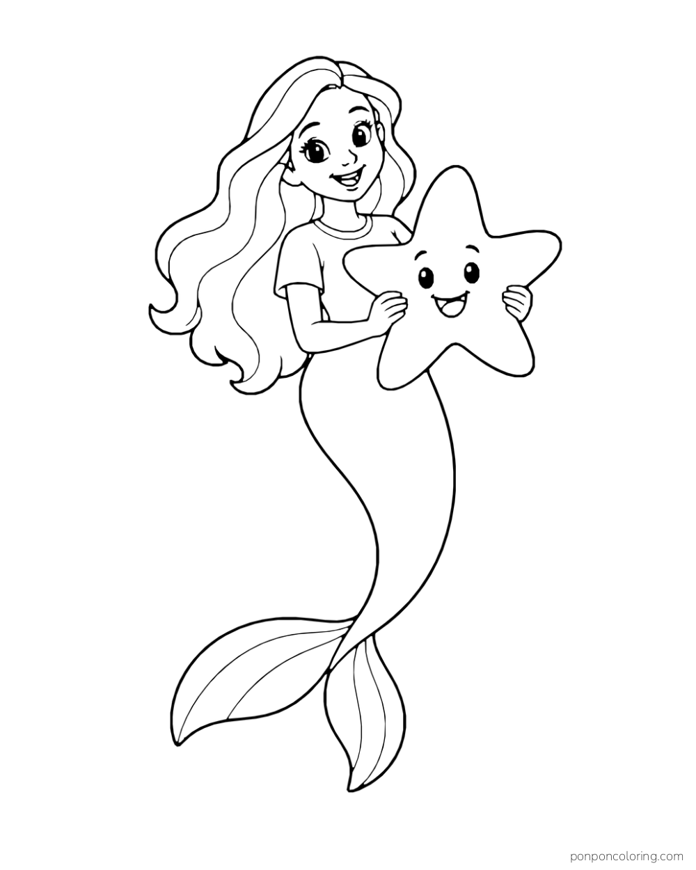 A mermaid holds a large rounded five-arm sea star with a smiling face.