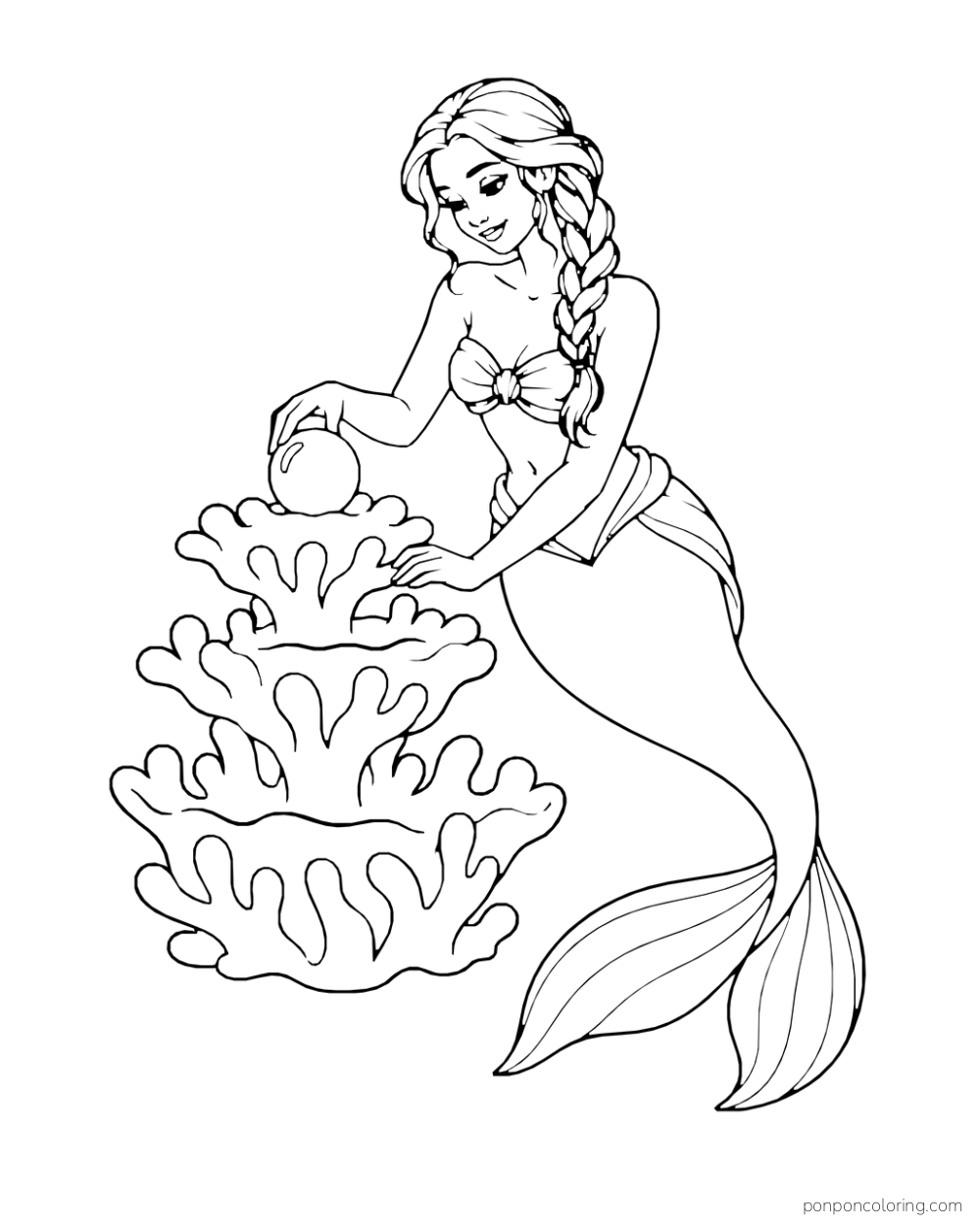 A mermaid reaches up to place a pearl on top of a three-tier coral tower.