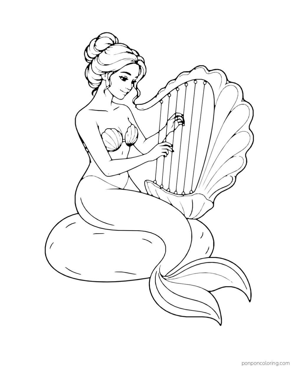 A mermaid plays a large shell-shaped harp with broad curved sides.