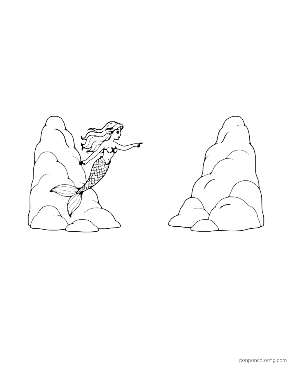 A mermaid points across the open space between two tall rock stacks.