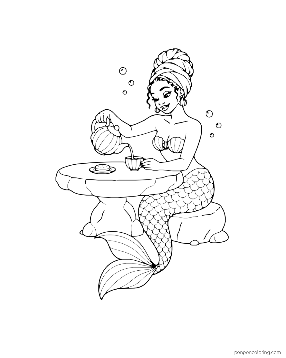 A mermaid pours from a shell-shaped teapot into a cup on a small round table.