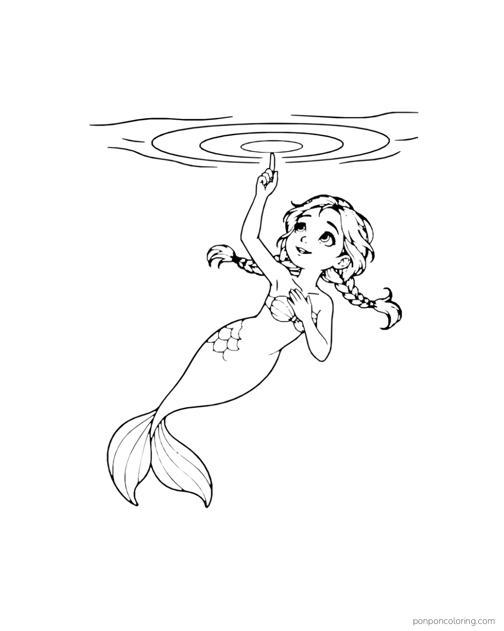 A mermaid reaches toward concentric rings on the water surface above her.