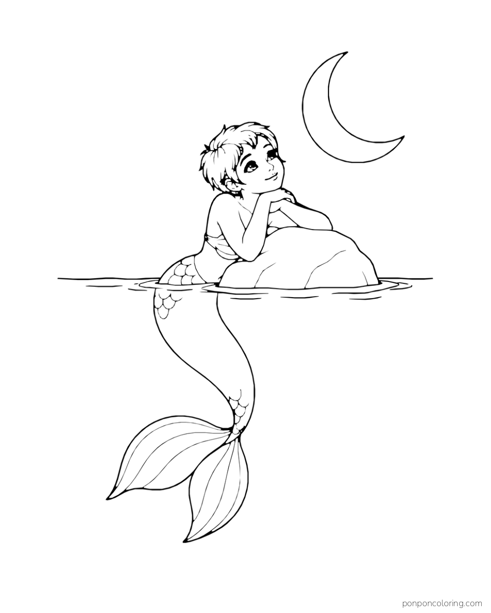 A short-haired mermaid leans on a rock beside the water surface, with a crescent moon above it.