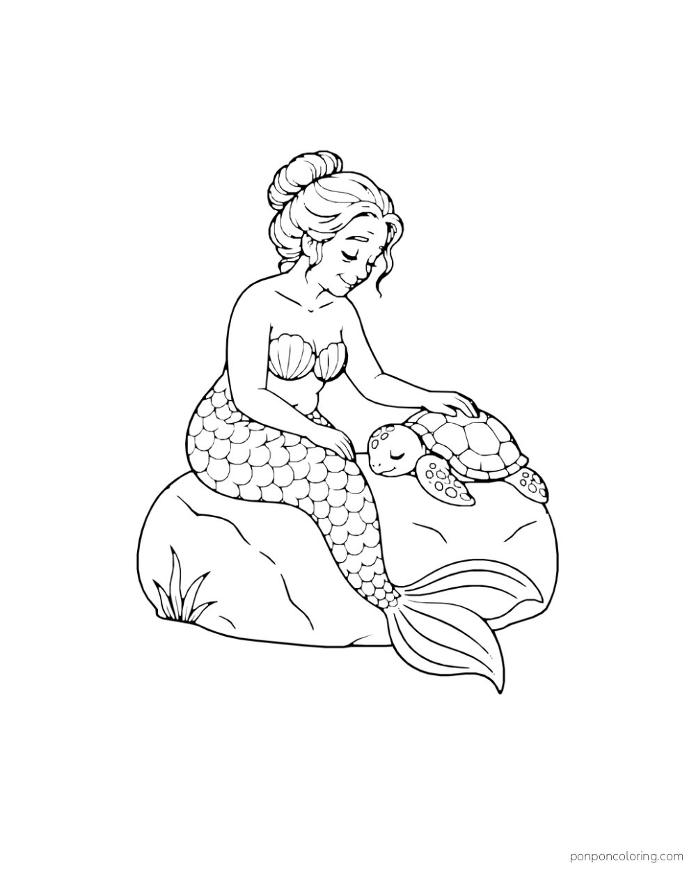 A mermaid curls beside a sleeping sea turtle on a low rock, with a few pebbles nearby.