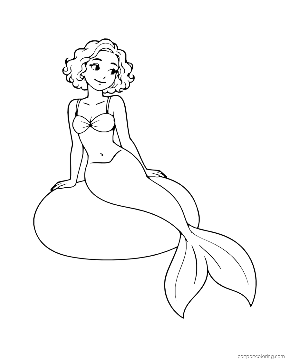 A bob-haired mermaid rests on a large oval stone with open water around her.