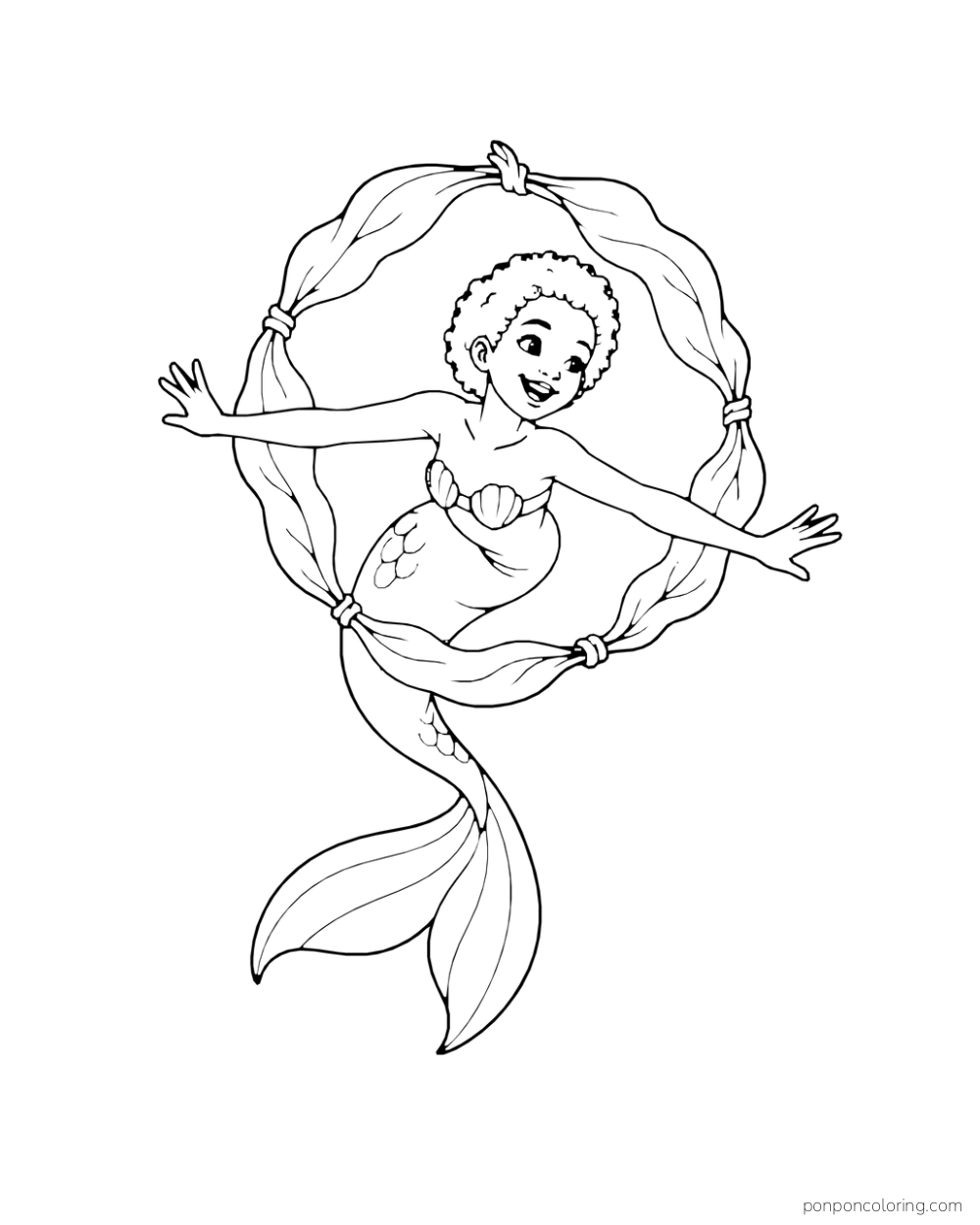A mermaid spins through a large oval hoop tied from broad seaweed leaves.