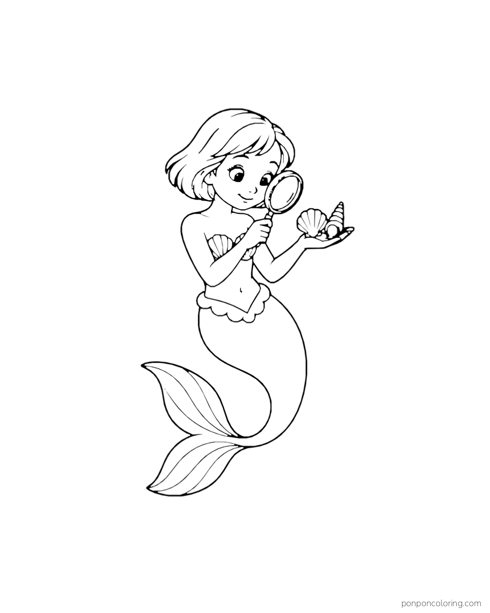 A short-haired mermaid holds a magnifier over two different shells.
