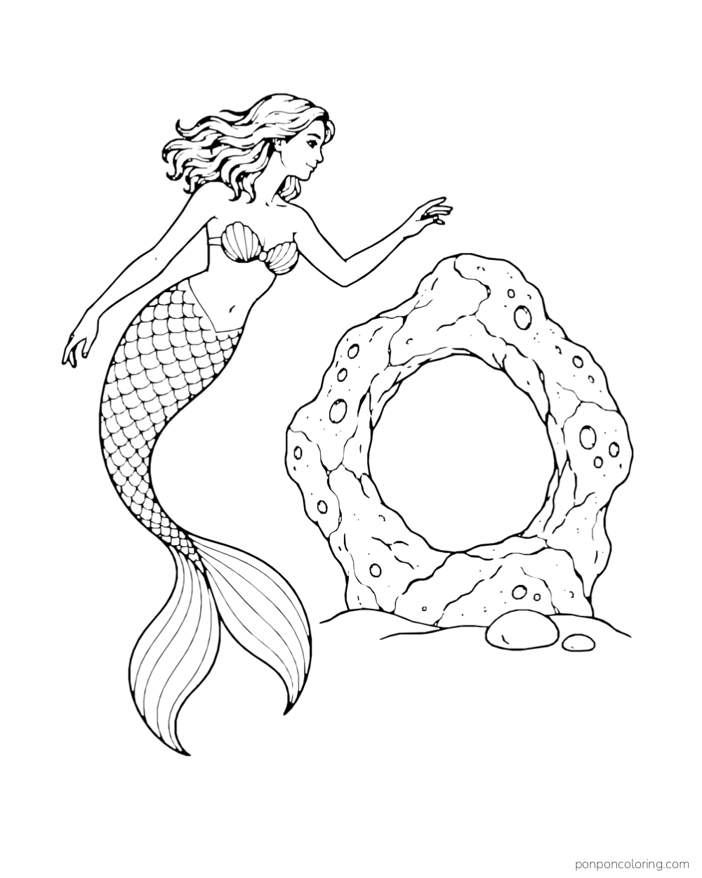 An adult mermaid with flowing wavy hair swims beside a large natural ring-shaped sea stone and two small pebbles.